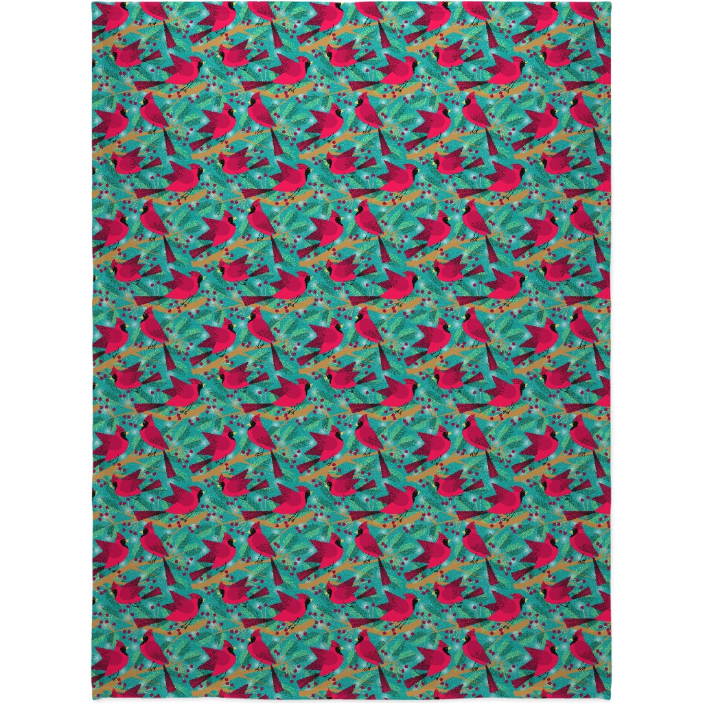 Winter Solstice Cardinals - Green Blanket, Sherpa, 60x80, Green