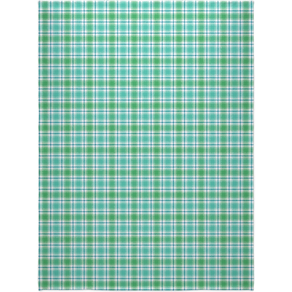 Blue, Green, Turquoise, and White Plaid Blanket, Sherpa, 60x80, Green