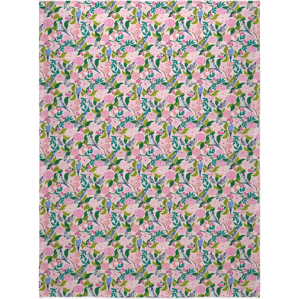 Budgies and Butterflies - Pink and Green Blanket, Sherpa, 60x80, Pink