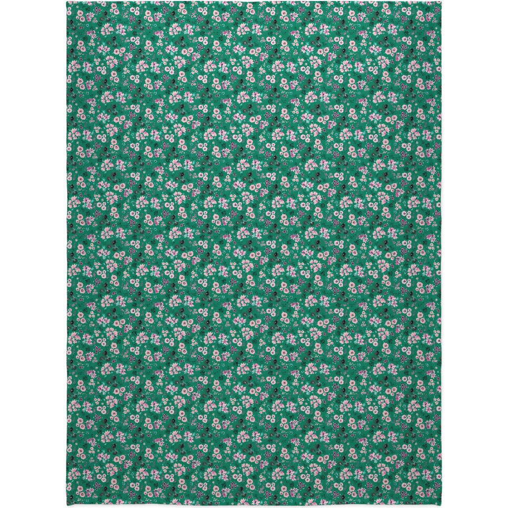 Artful Little Flowers - Green Blanket, Sherpa, 60x80, Green, Classic Green