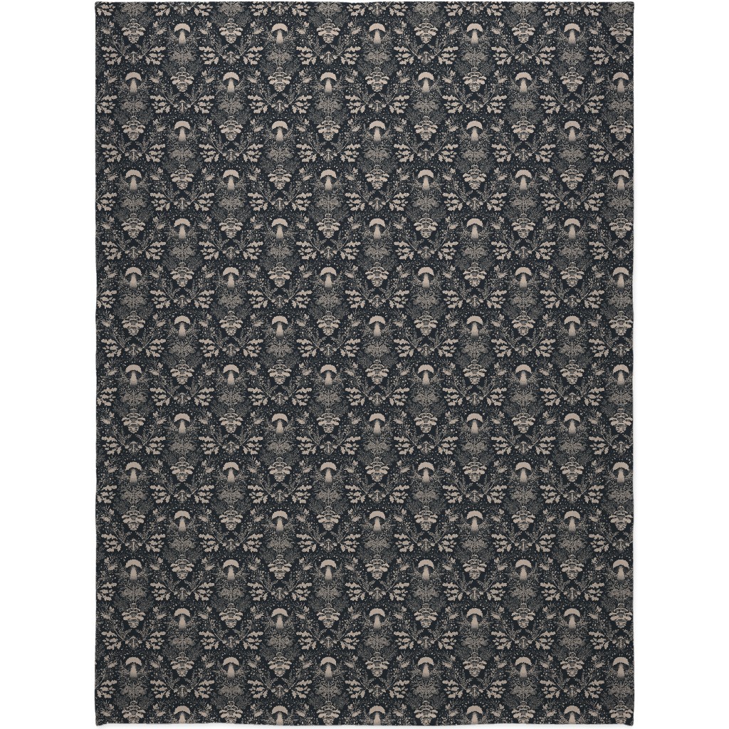 Mushroom Forest Damask - Dark Blanket, Sherpa, 60x80, Black