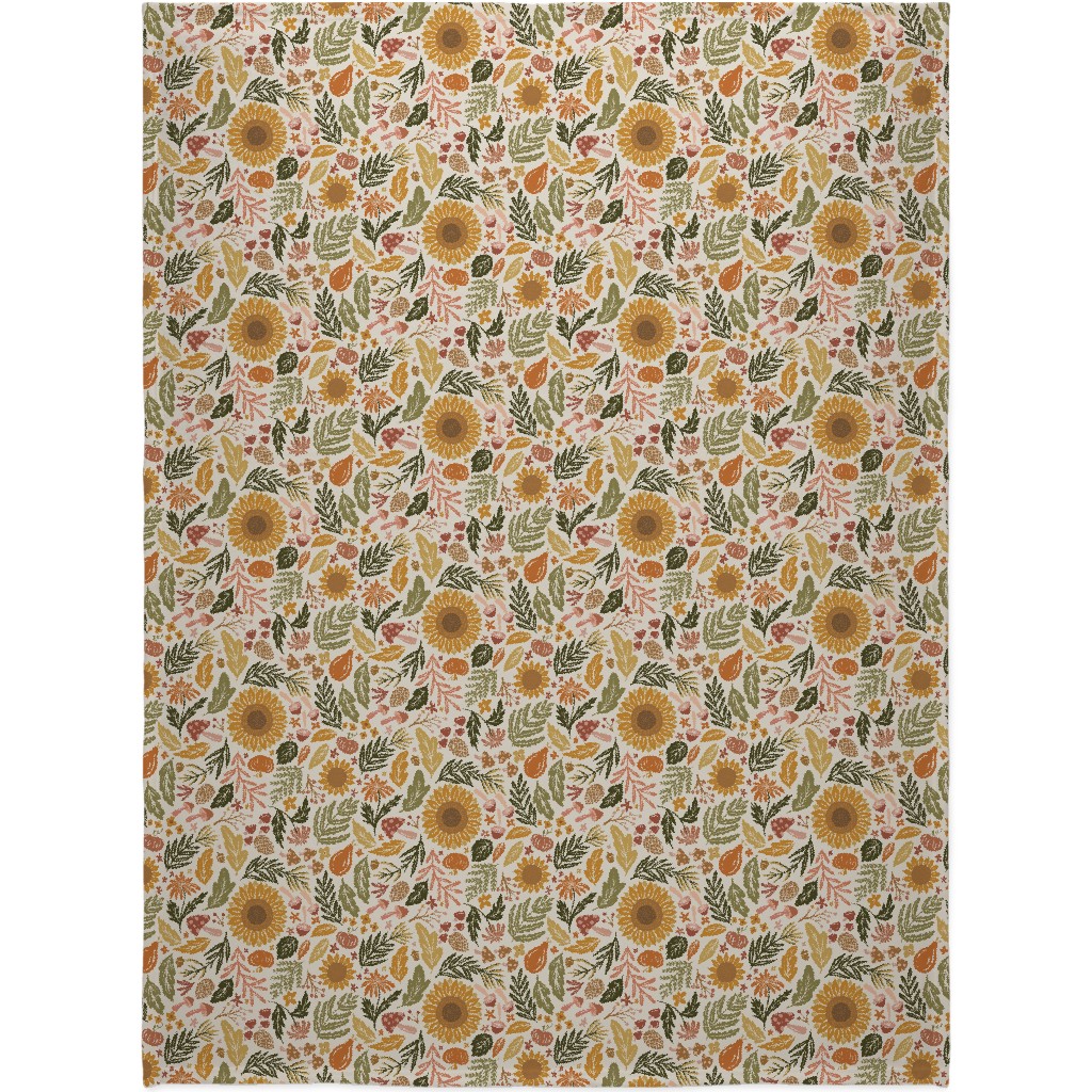 Autumn Botanicals - Leaves, Acorns, Sunflowers, Ferns, Mums, Pinecones, Mushrooms - Light Blanket, Sherpa, 60x80, Multicolor