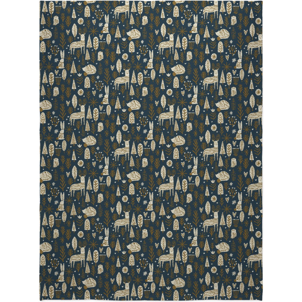 Scandi Snowflake Holiday - Prussian Blue With Pecan and Vanilla Blanket, Sherpa, 60x80, Blue
