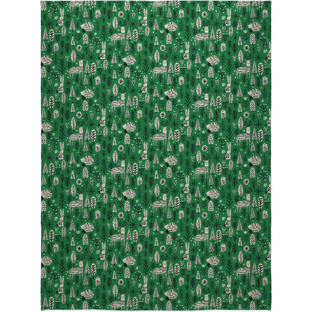 Scandi Snowflake Holiday - Alligator Green With Vanilla & Black Blanket, Sherpa, 60x80, Green