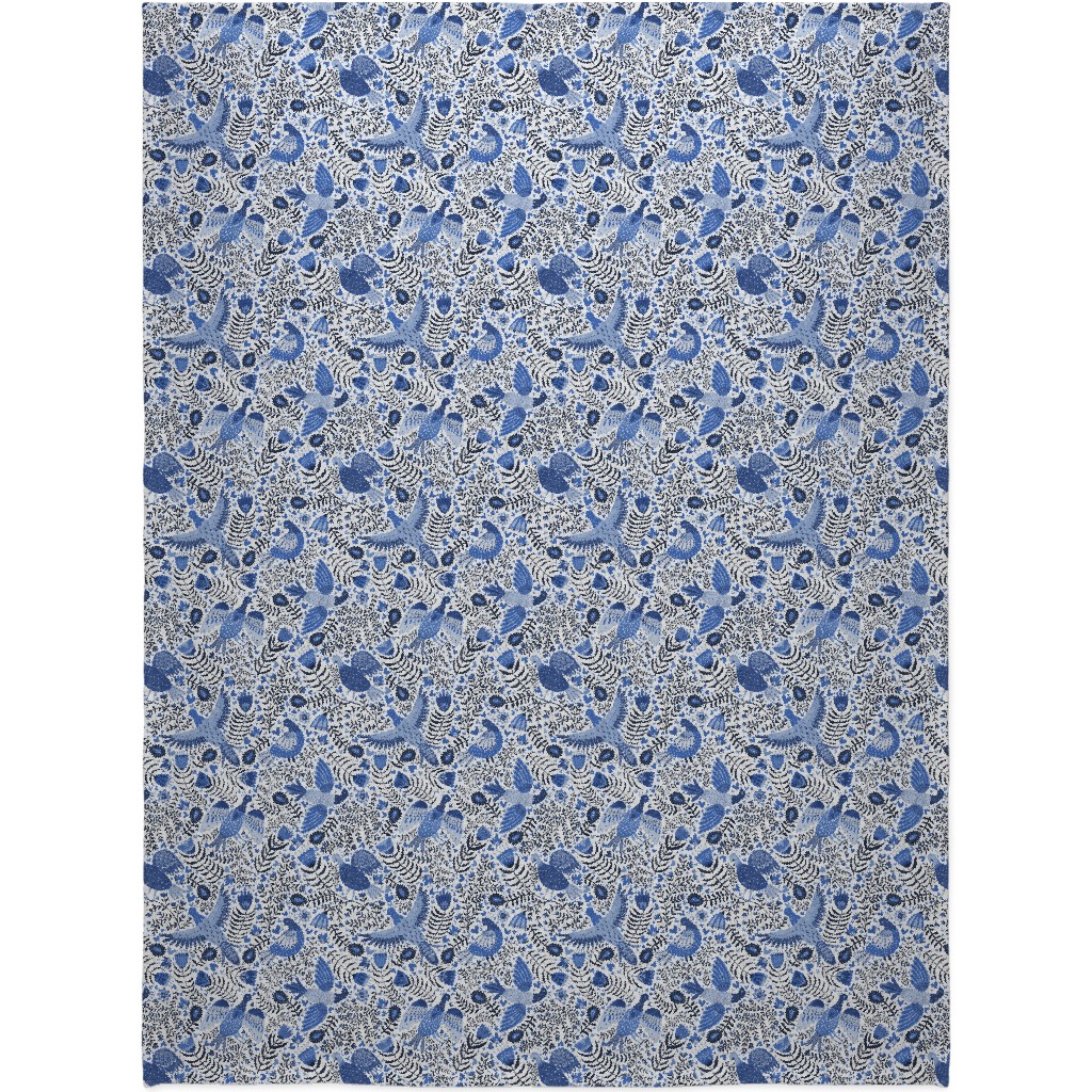 Scandinavian Birds - Indigo Blue Blanket, Sherpa, 60x80, Blue