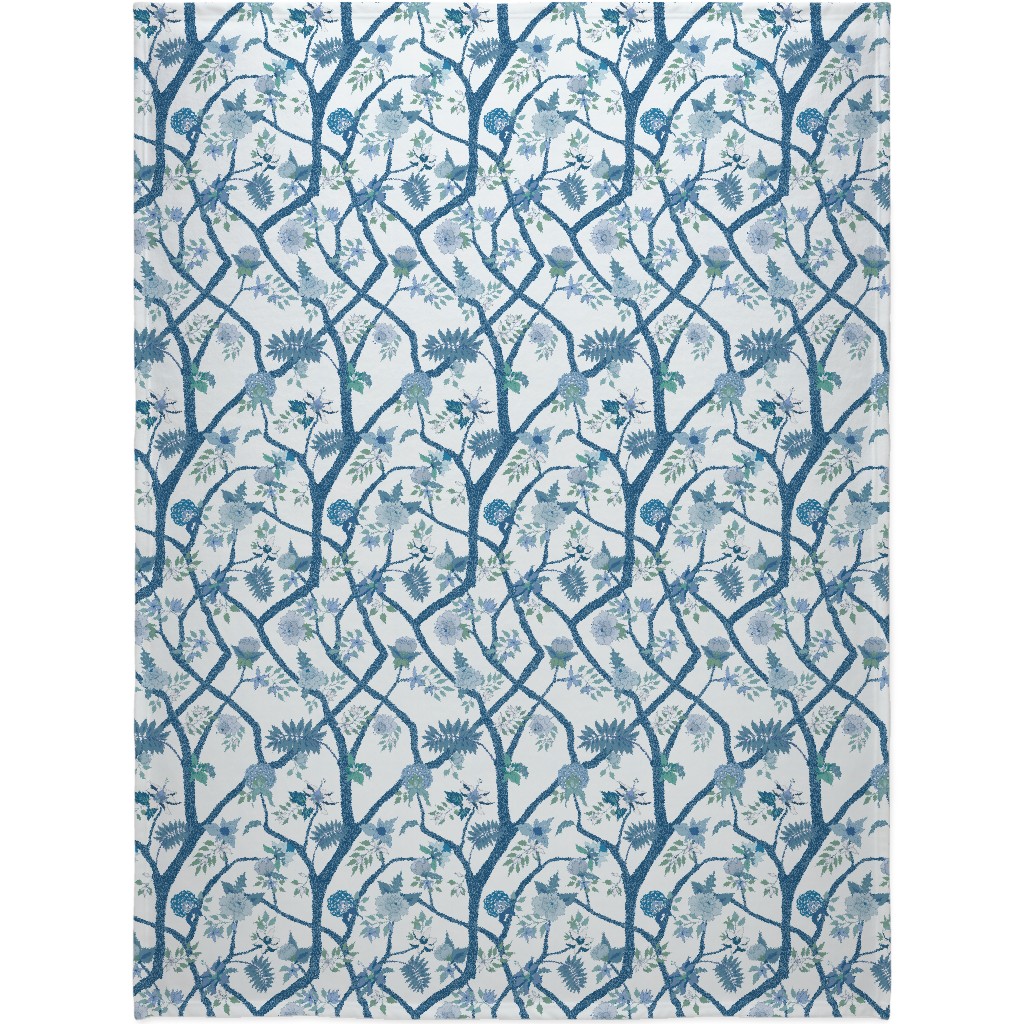 Peony Branch Mural - Blue and Green Blanket, Sherpa, 60x80, Blue, True Blue