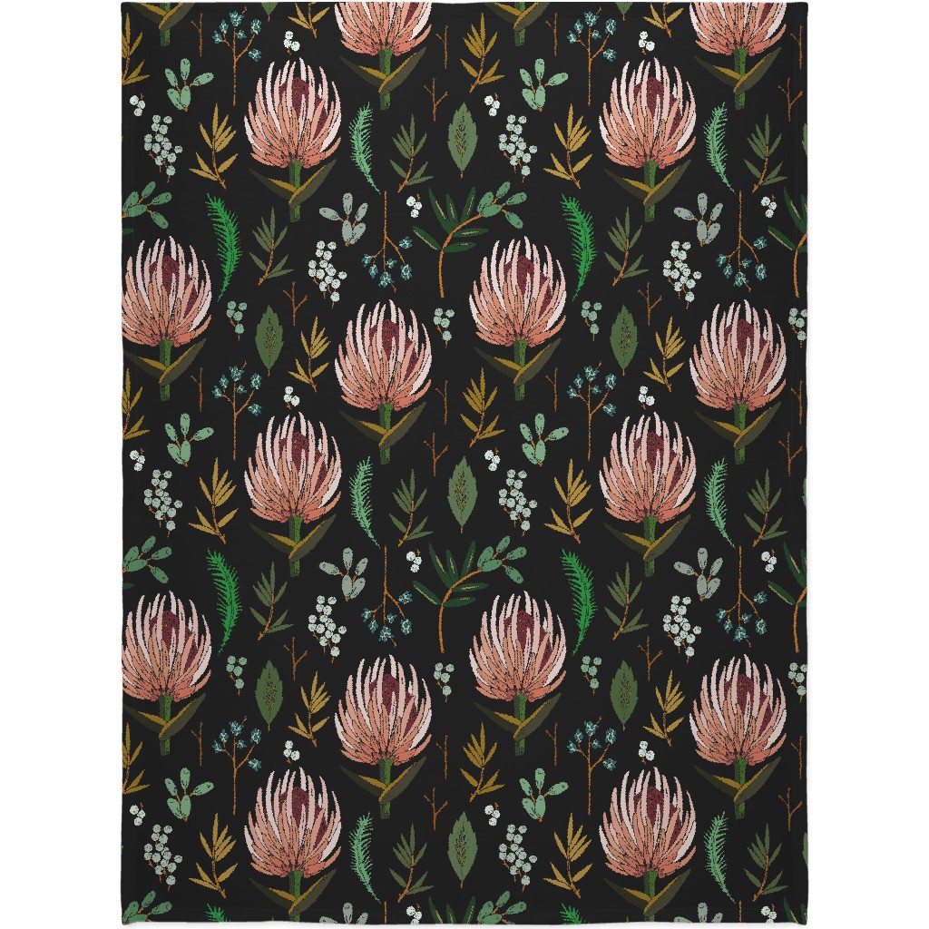 Floral Study - Multi on Black Blanket, Sherpa, 60x80, Black, Black