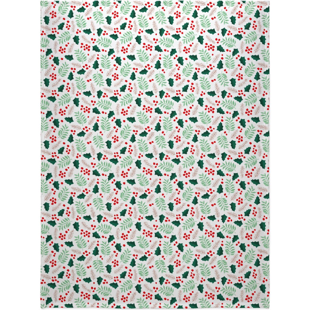 Botanical Christmas Garden Pine Leaves Holly Branch Berries - Green and Red Blanket, Sherpa, 60x80, Green, Classic Green