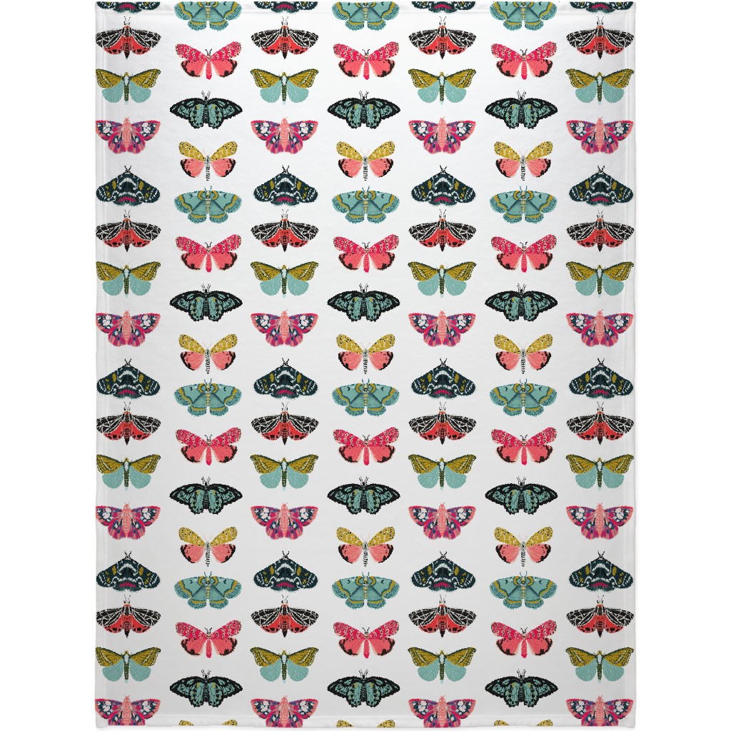 Moths and Butterflies - Multi on White Blanket, Sherpa, 60x80, Multicolor
