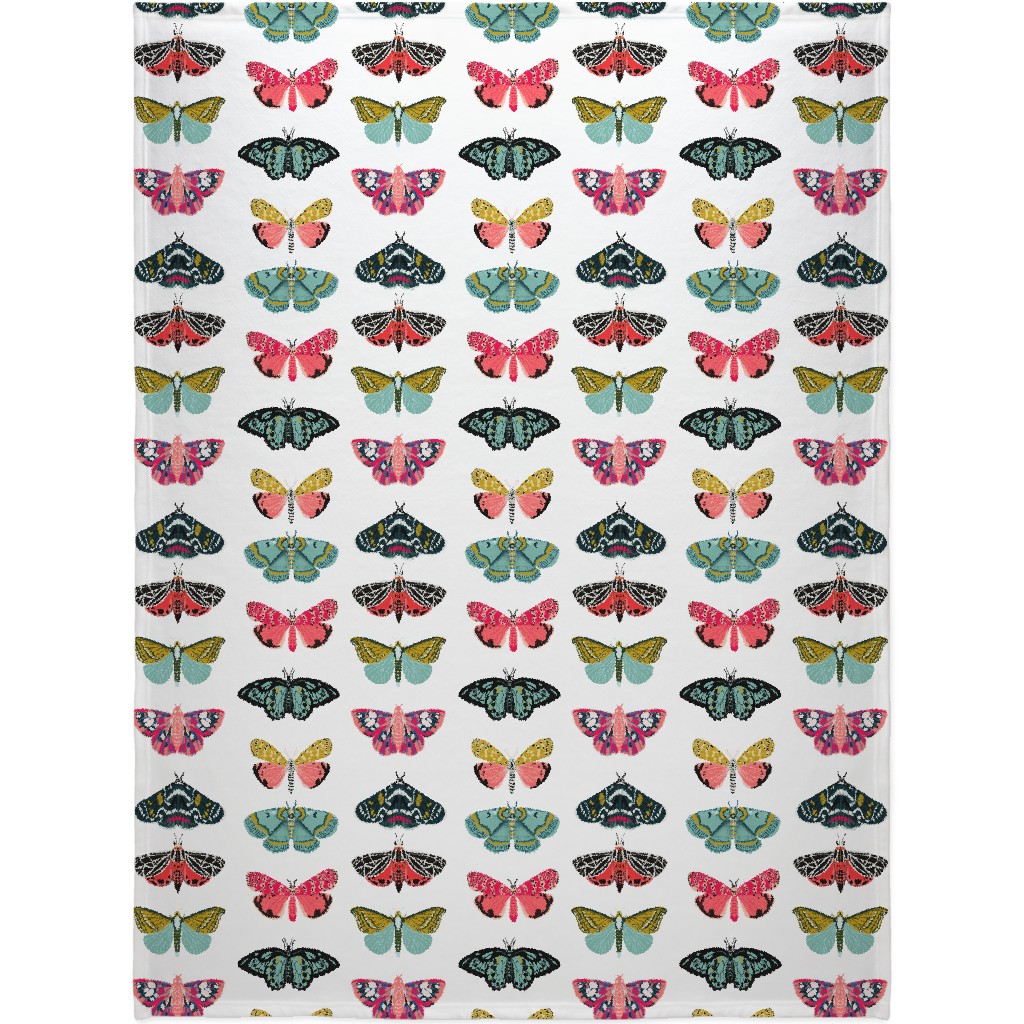 Moths and Butterflies - Multi on White Blanket, Sherpa, 60x80, Multicolor