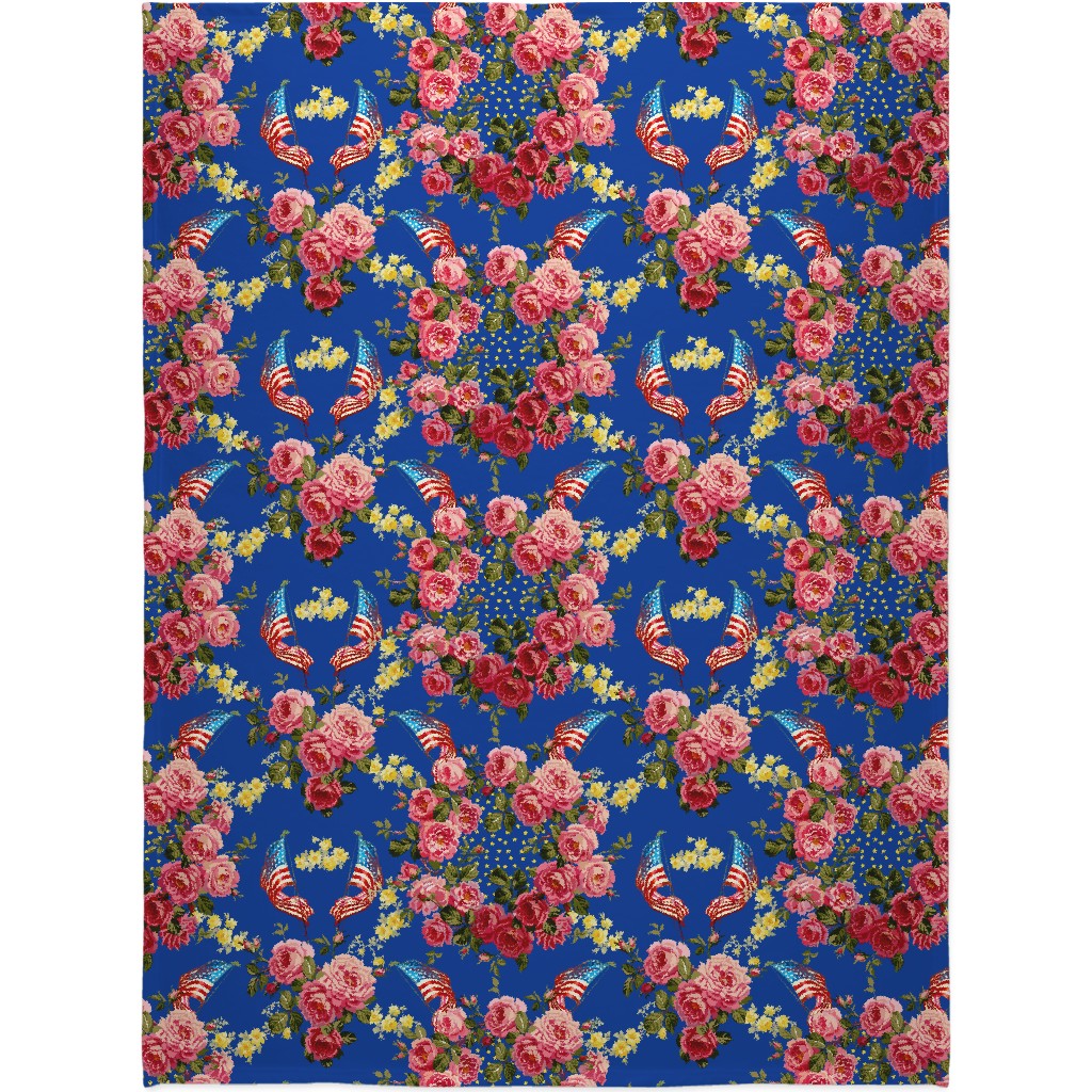Americana Summer Roses - Blue Blanket, Sherpa, 60x80, Blue, True Blue