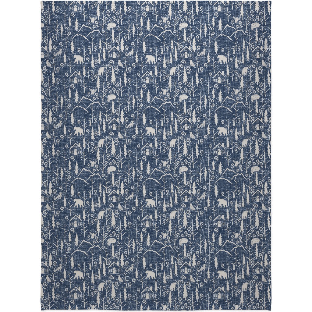 Gingerbread Forest - White on Blue Blanket, Sherpa, 60x80, Blue, True Blue
