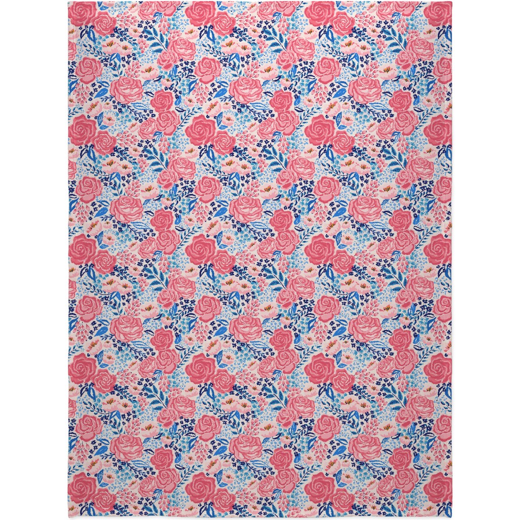 Chintz Roses - Coral and Blue Blanket, Sherpa, 60x80, Pink