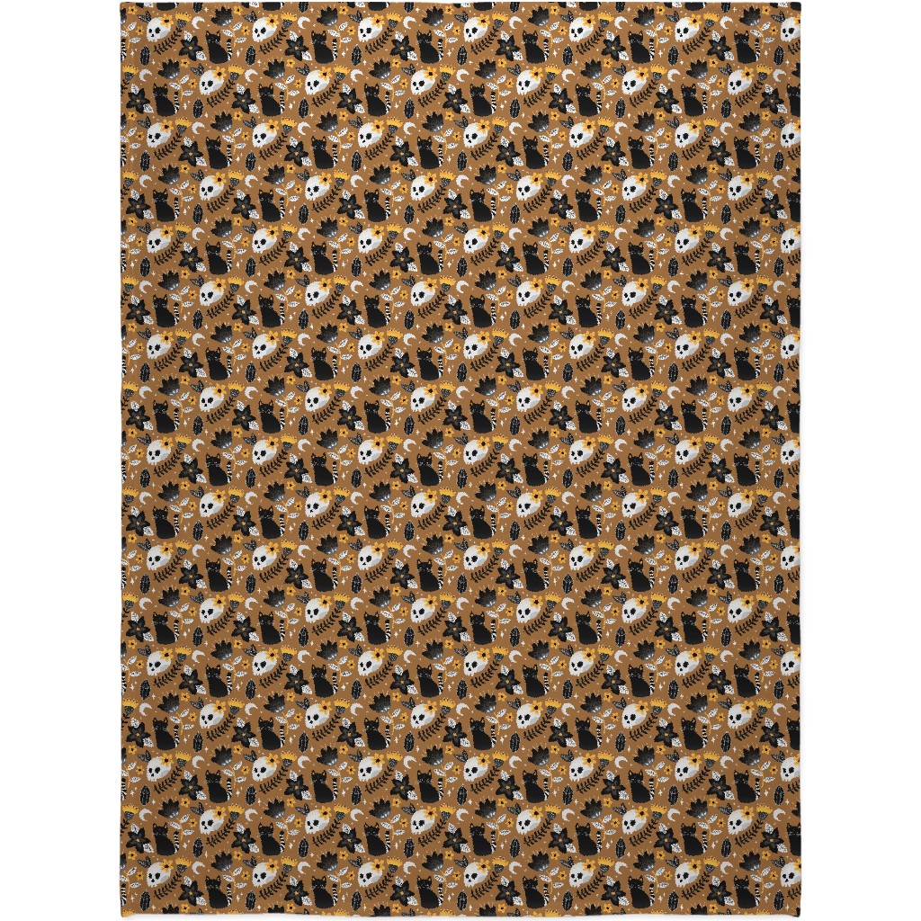 Black Cat & Floral Skull Blanket, Sherpa, 60x80, Brown, Brown