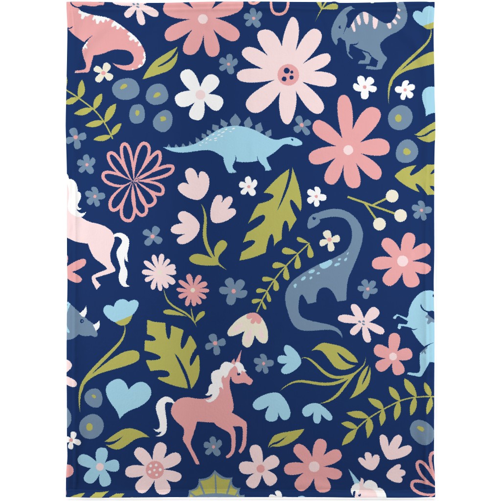 Dinosaurs and Unicorns - Dark Blue Blanket, Fleece, 30x40, Multicolor