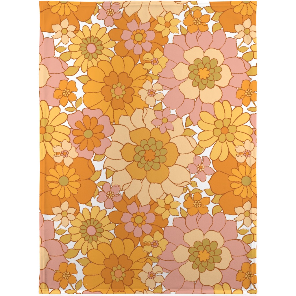 Avery Retro Floral - Orange on White Blanket, Fleece, 30x40, Orange, Orange