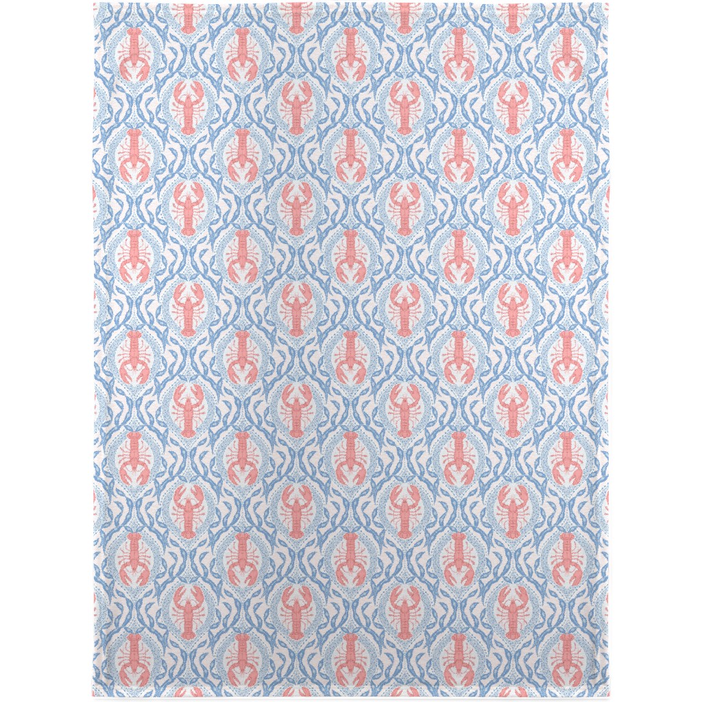 Lobster and Seaweed Nautical Damask - White, Coral Pink and Cornflower Blue Blanket, Fleece, 30x40, Blue