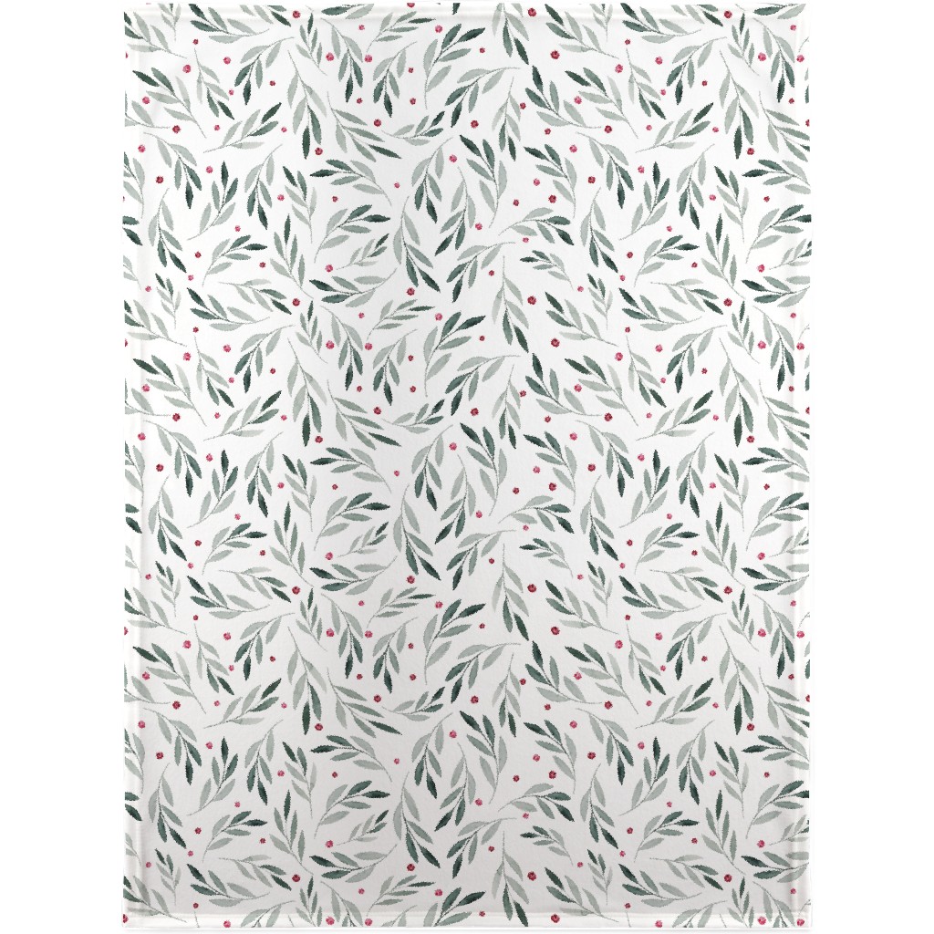 Festive Christmas Green Leaves & Red Berries Blanket, Fleece, 30x40, White