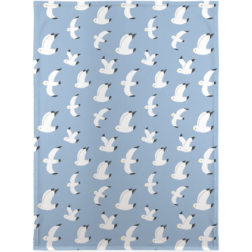 Seagulls in Flight - White on Blue Blanket, Fleece, 30x40, Blue