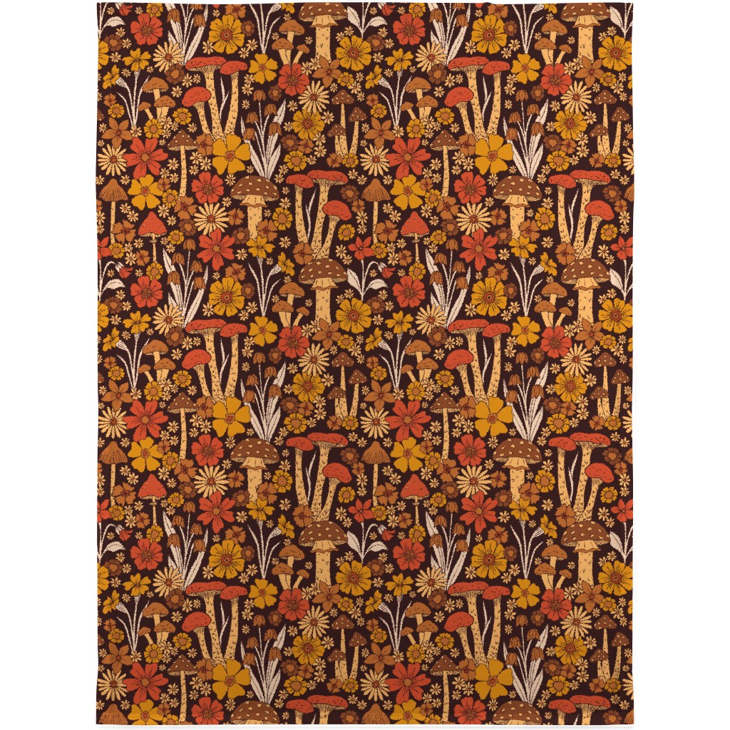 Retro 1970s Mushroom & Flowers - Brown and Orange Blanket, Fleece, 30x40, Orange