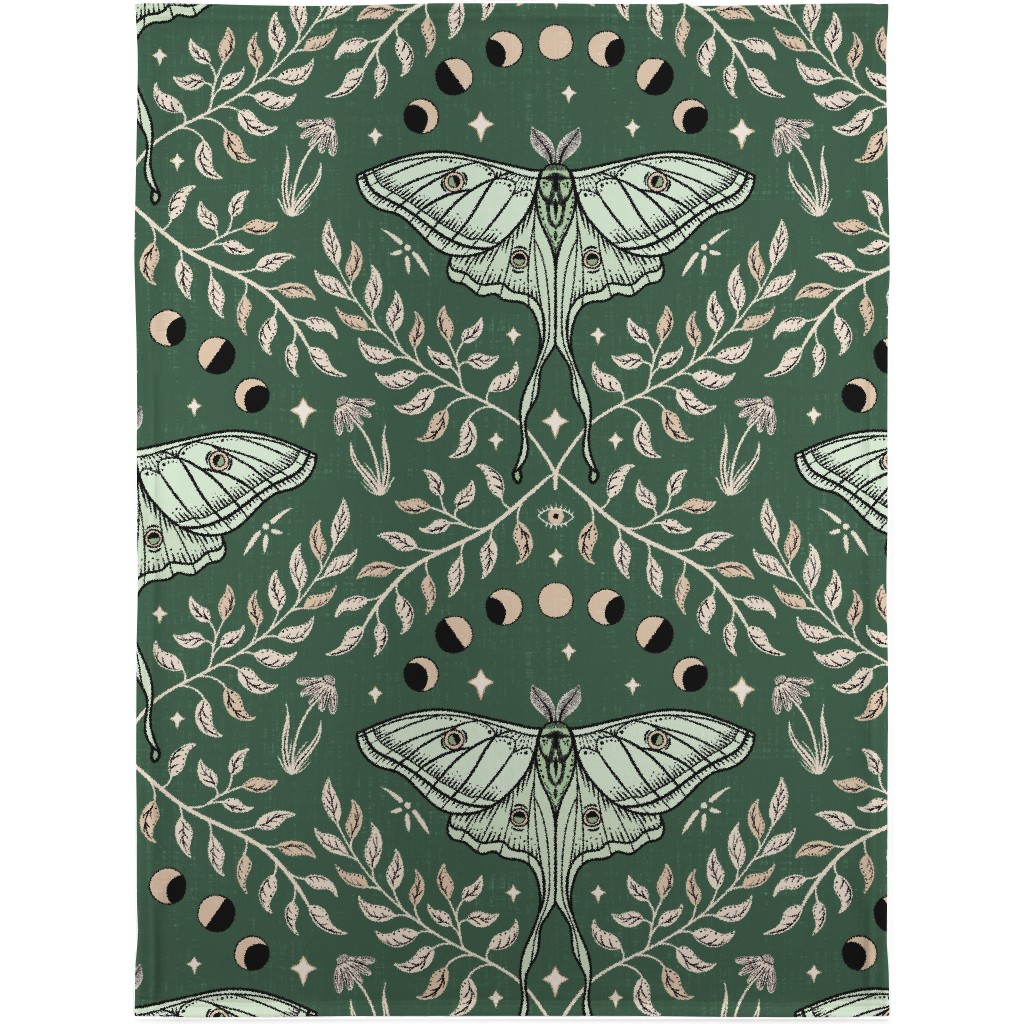 Luna Moths Damask - Green Blanket, Fleece, 30x40, Green, Classic Green