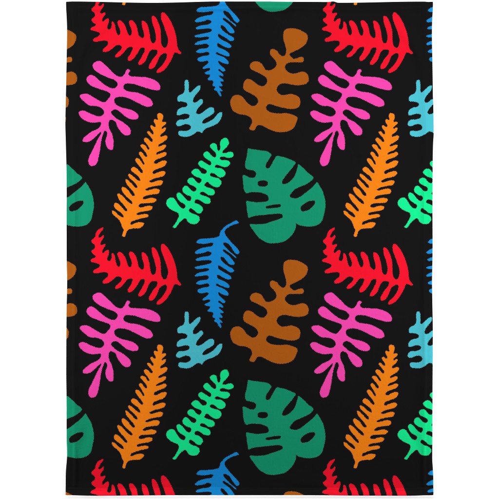 Mod Minimalist Leaves - Multi on Black Blanket, Fleece, 30x40, Multicolor