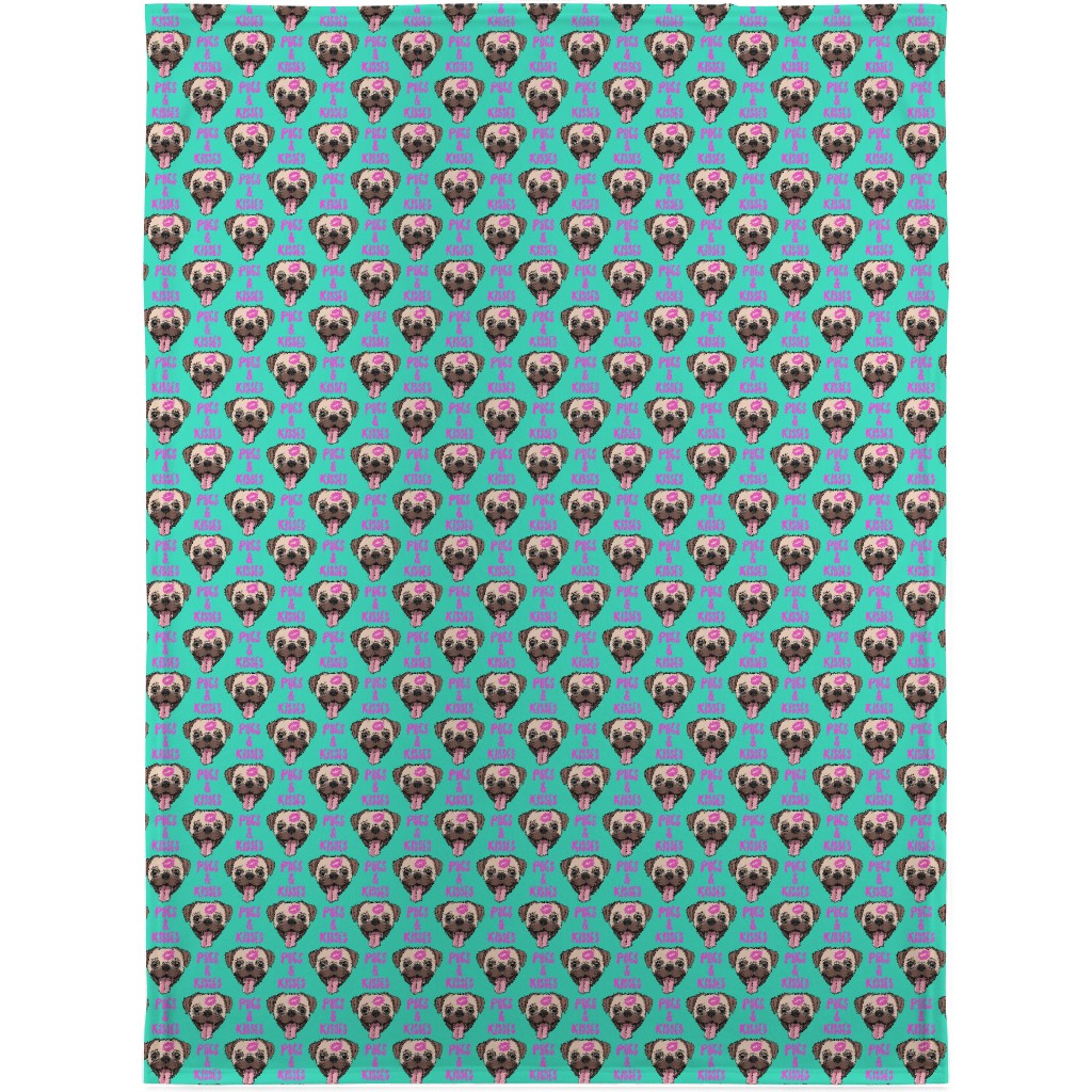 Pugs & Kisses - Cute Pug Dog - Teal Blanket, Fleece, 30x40, Green