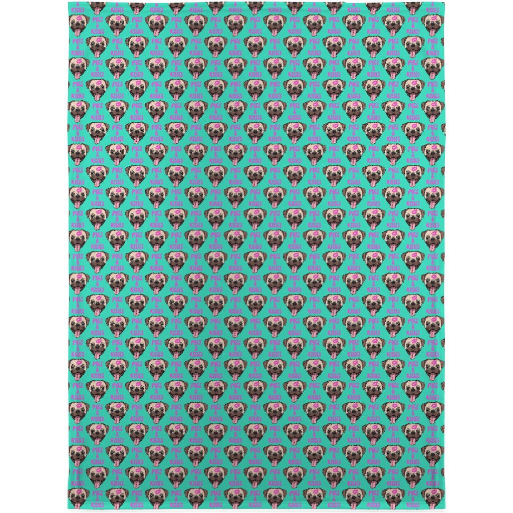 Pugs & Kisses - Cute Pug Dog - Teal Blanket, Fleece, 30x40, Green