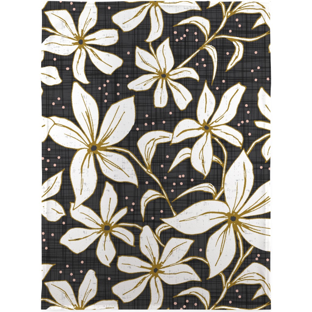 Lilium - Floral - Charcoal Black & White Blanket, Plush Fleece, 30x40, Black
