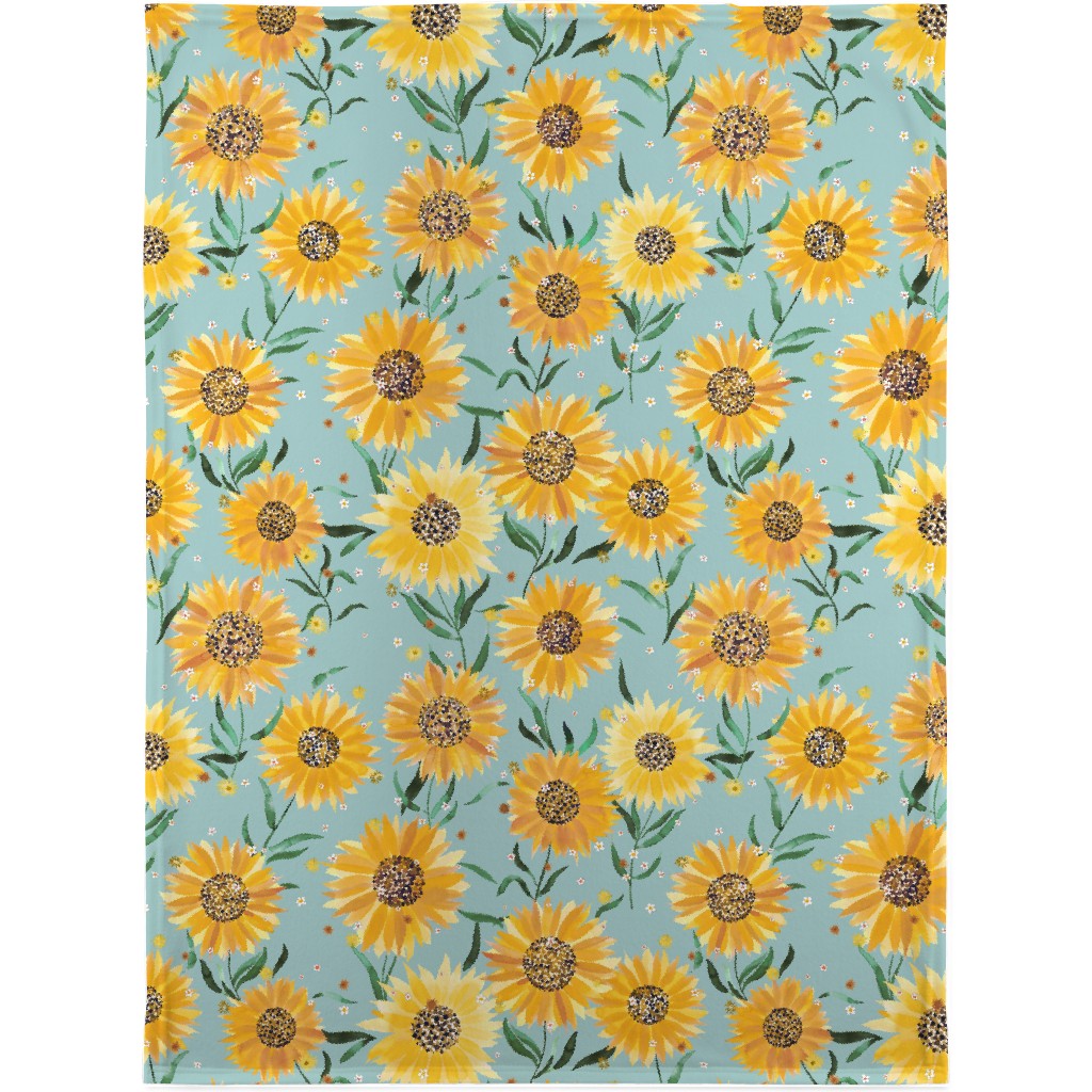 Watercolor Sunflowers - Yellow on Blue Blanket, Plush Fleece, 30x40, Yellow, Classic Yellow