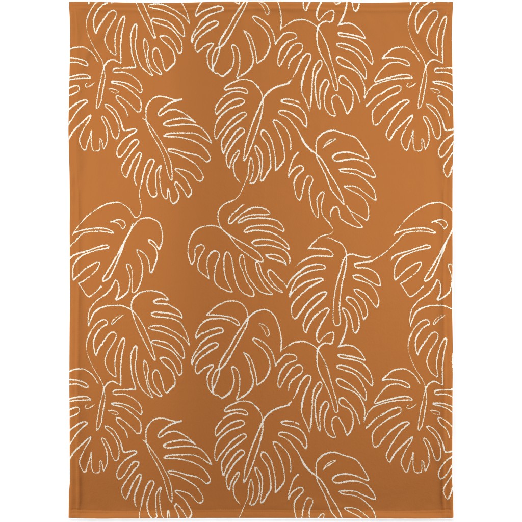Monstera Line Art - Burnt Orange Blanket, Plush Fleece, 30x40, Orange, Orange