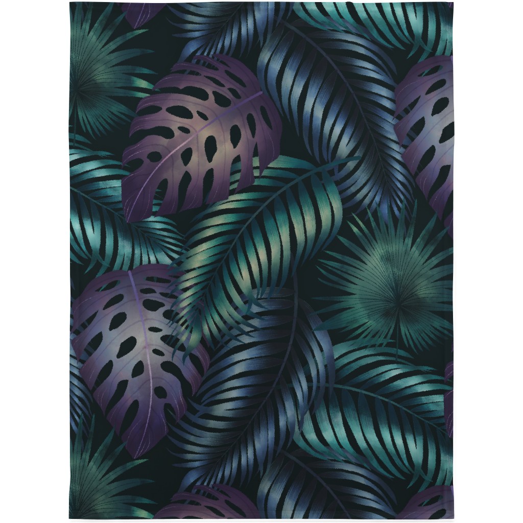Tropical Leaves in the Moonlight - Dark Blanket, Plush Fleece, 30x40, Blue