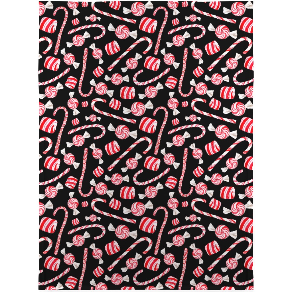 Christmas Candy Canes - Black Blanket, Plush Fleece, 30x40, Red, Red