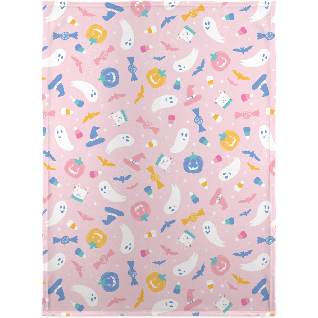 Happy Ghosts and Candy Corn - Pastel Blanket, Plush Fleece, 30x40, Pink