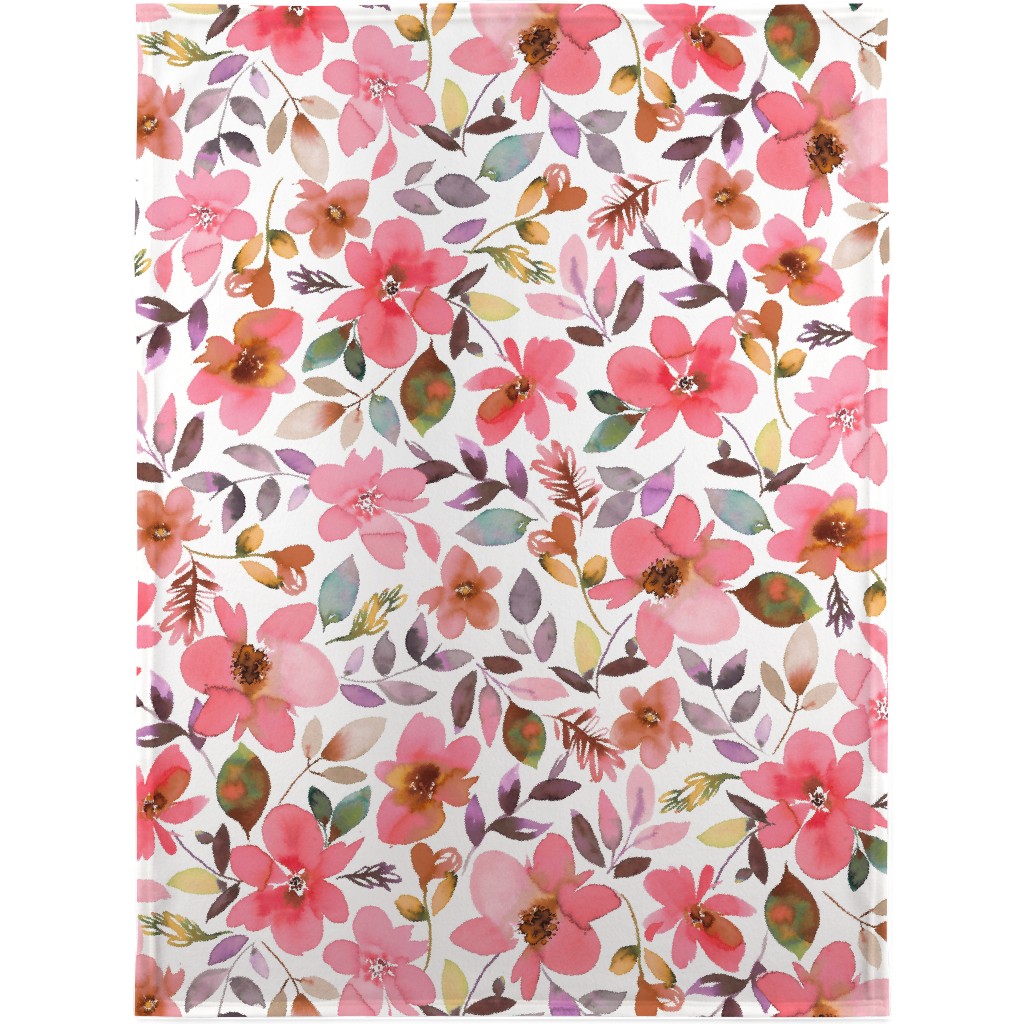 Summery Watercolor Flowers - Coral Pink Blanket, Plush Fleece, 30x40, Pink, Bright Pink