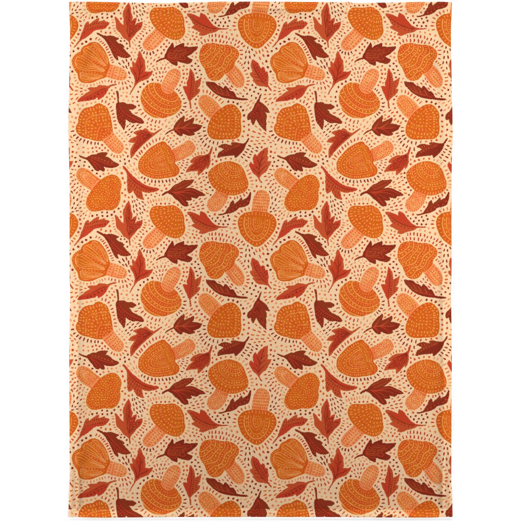 Autumn Mushrooms and Fallen Leaves Blanket, Plush Fleece, 30x40, Orange