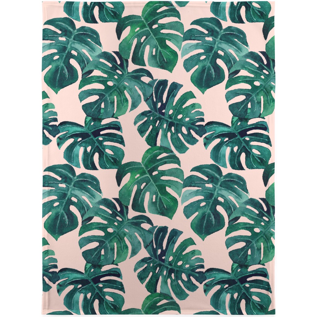 Watercolor Monstera Leaves - Green on Blush Pink Blanket, Plush Fleece, 30x40, Green, Classic Green