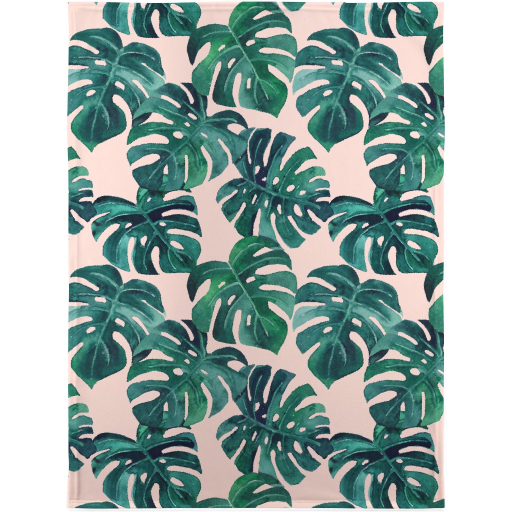 Watercolor Monstera Leaves - Green on Blush Pink Blanket, Plush Fleece, 30x40, Green