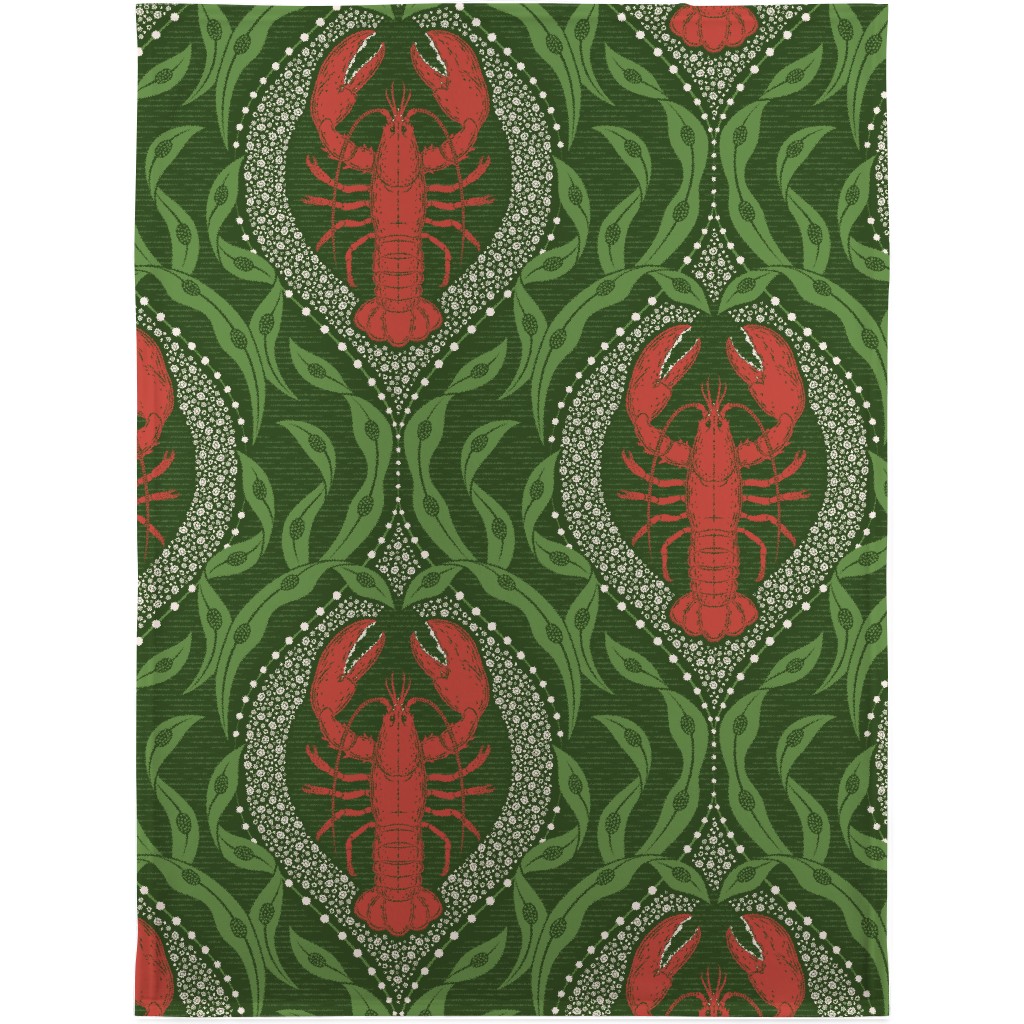 Lobster and Seaweed Nautical Damask Blanket, Plush Fleece, 30x40, Green