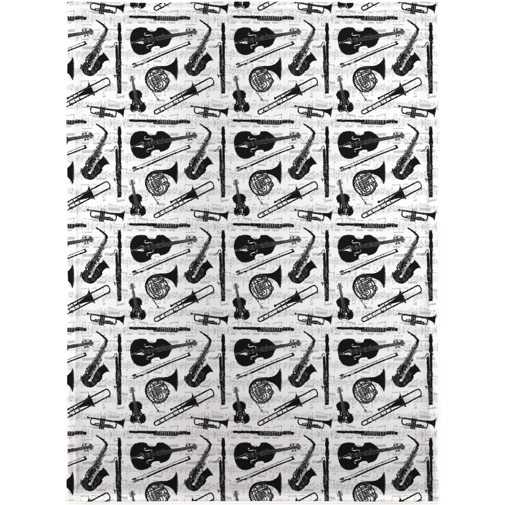 Musical Instruments Blanket, Plush Fleece, 30x40, White, White