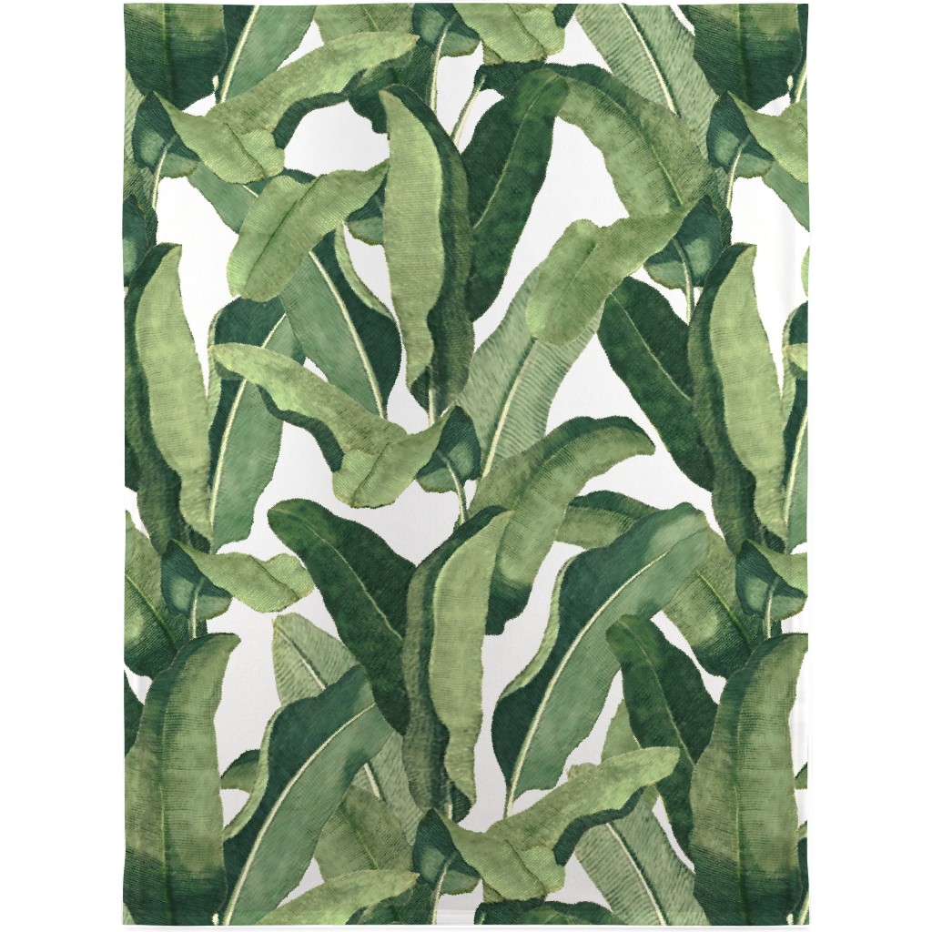Tropical Leaves - Greens on White Blanket, Plush Fleece, 30x40, Green
