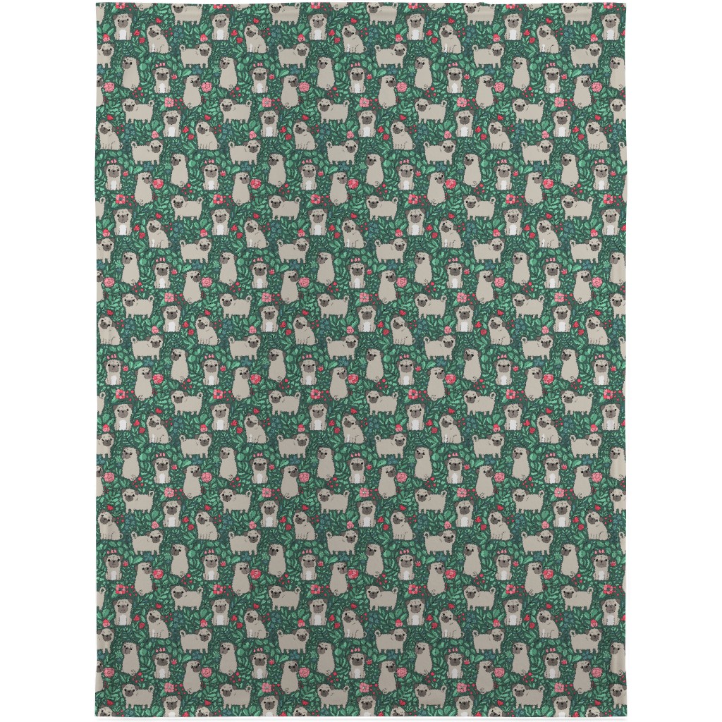 Cute Pugs and Flowers - Multicolor Blanket, Plush Fleece, 30x40, Green
