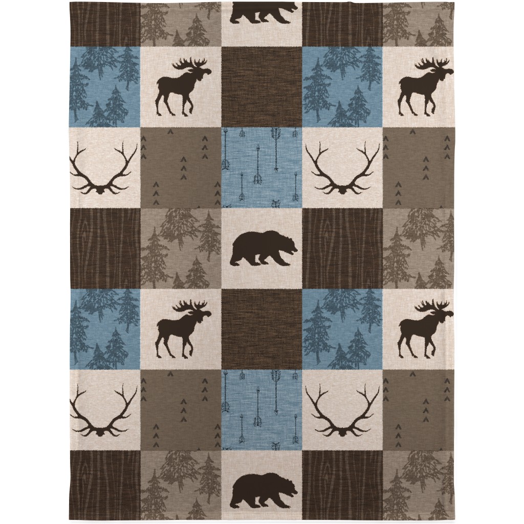 Rustic Woodlands - Blue, Brown and Cream Blanket, Plush Fleece, 30x40, Brown