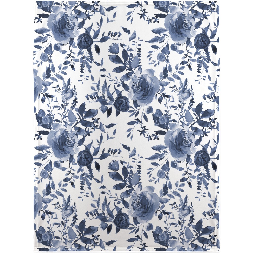 Blue and White Florals - Indigo Blanket, Plush Fleece, 30x40, Blue, True Blue