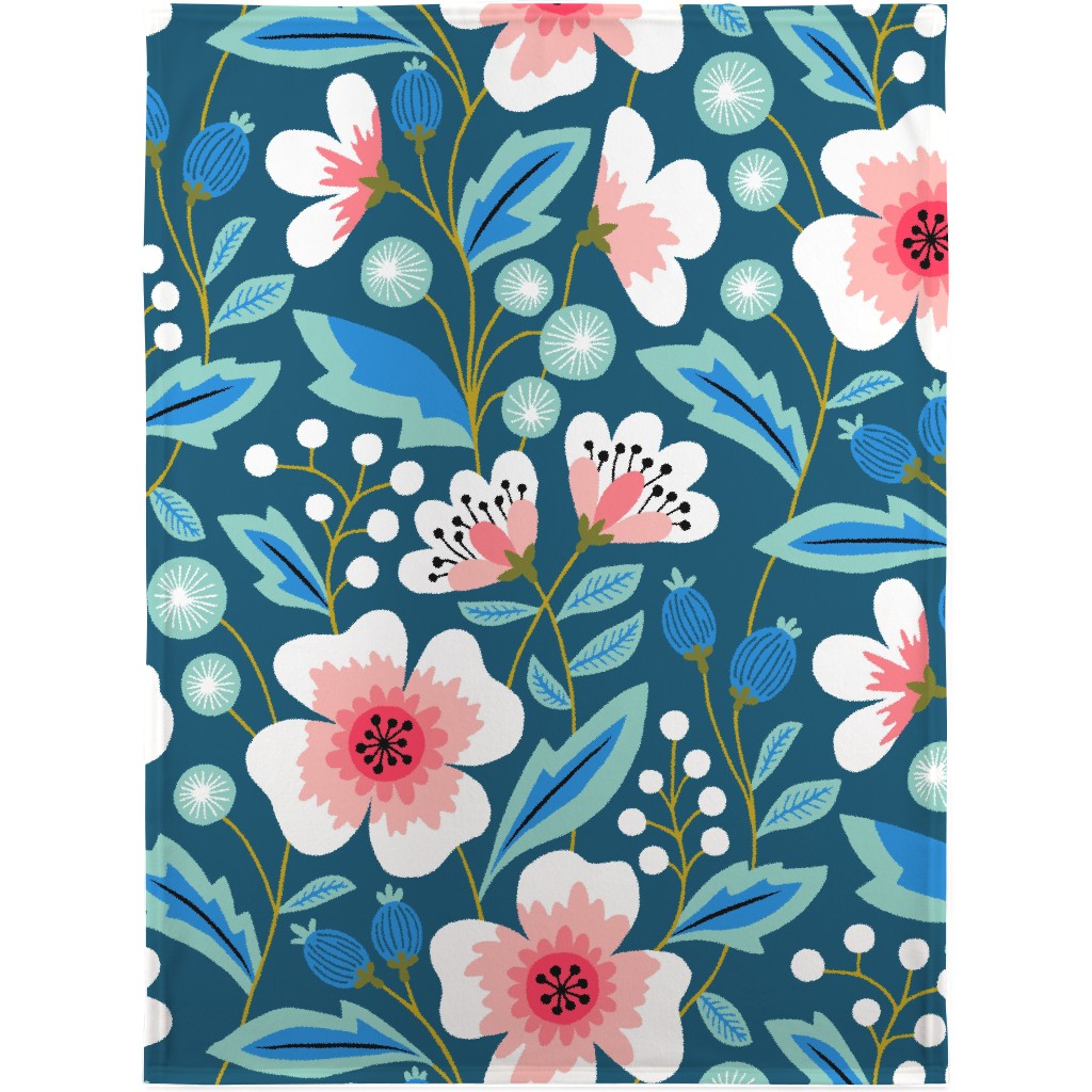 Colorful Spring Flowers - Pink on Blue Blanket, Plush Fleece, 30x40, Green, Classic Green