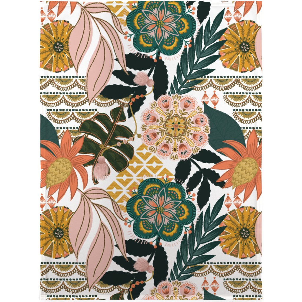 Boho Tropical Blanket, Plush Fleece, 30x40, Multicolor, White