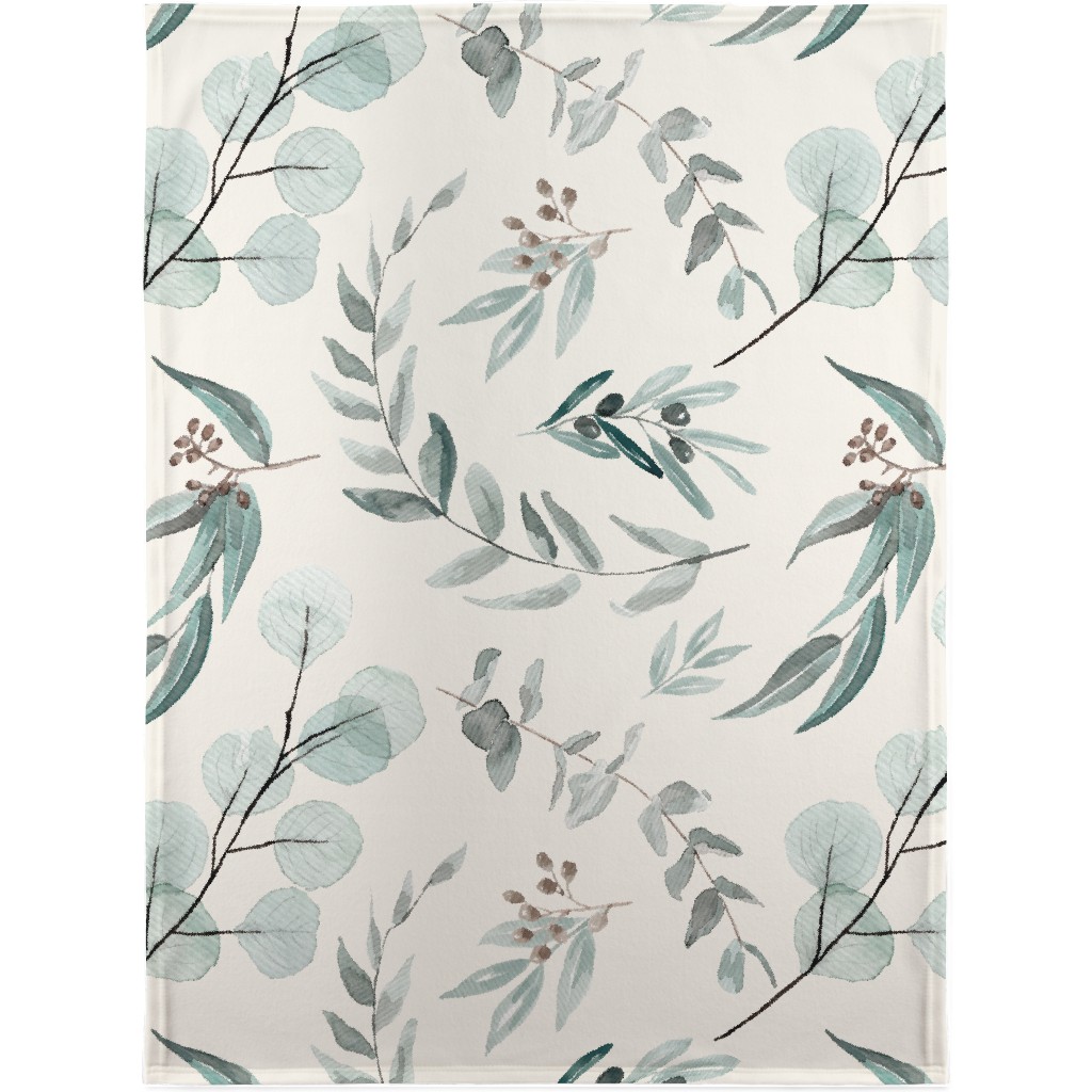 Eucalyptus Leaves on Cream Background Blanket, Plush Fleece, 30x40, Green, Classic Green