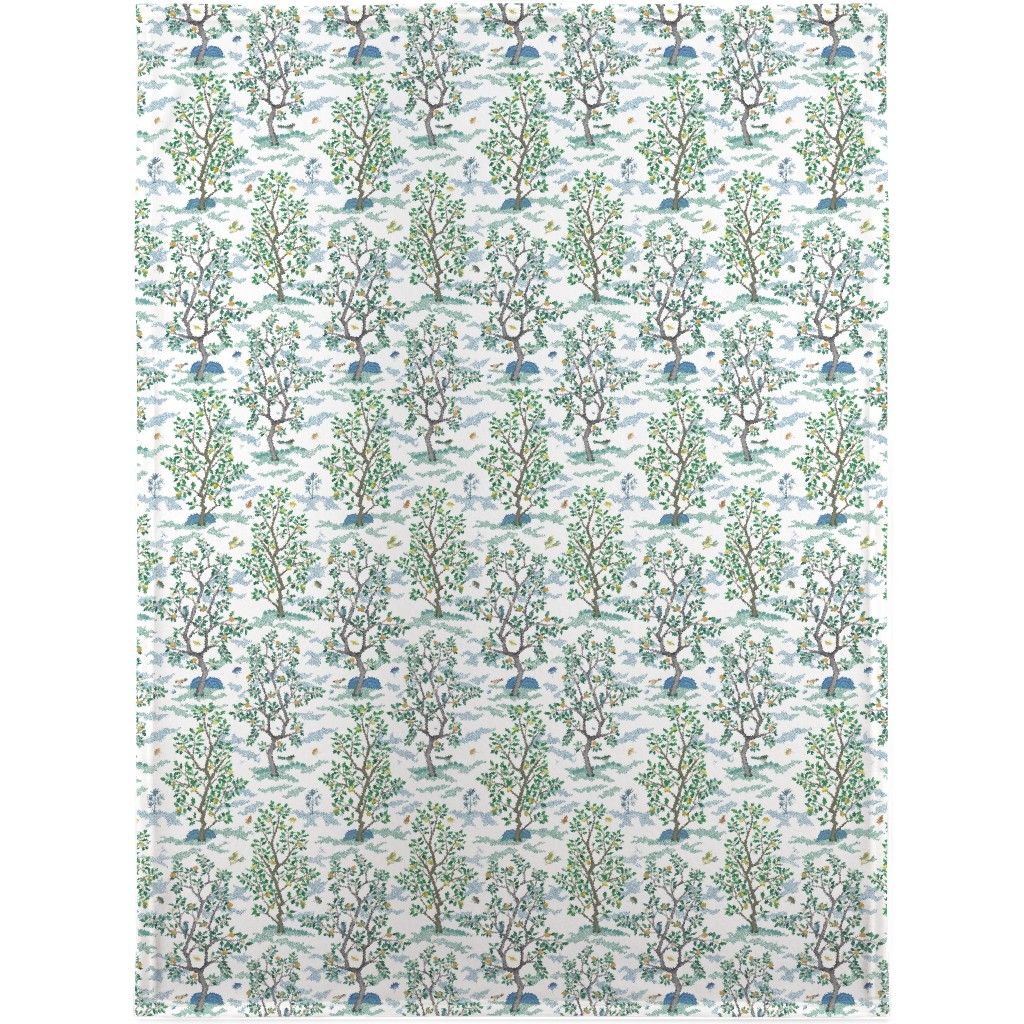 Citrus Trees - Blue and Green on White Blanket, Sherpa, 30x40, Green, Classic Green