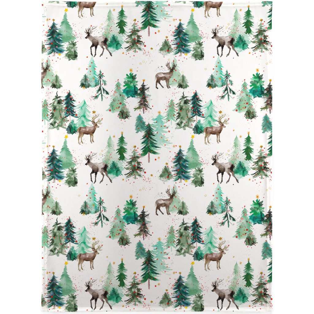 Rudolph Deer & Christmas Trees Blanket, Sherpa, 30x40, Green, Classic Green