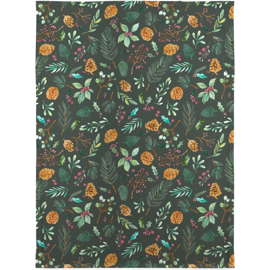 Christmas Holiday Botanical on Dark Green Blanket, Sherpa, 30x40, Blue, True Blue